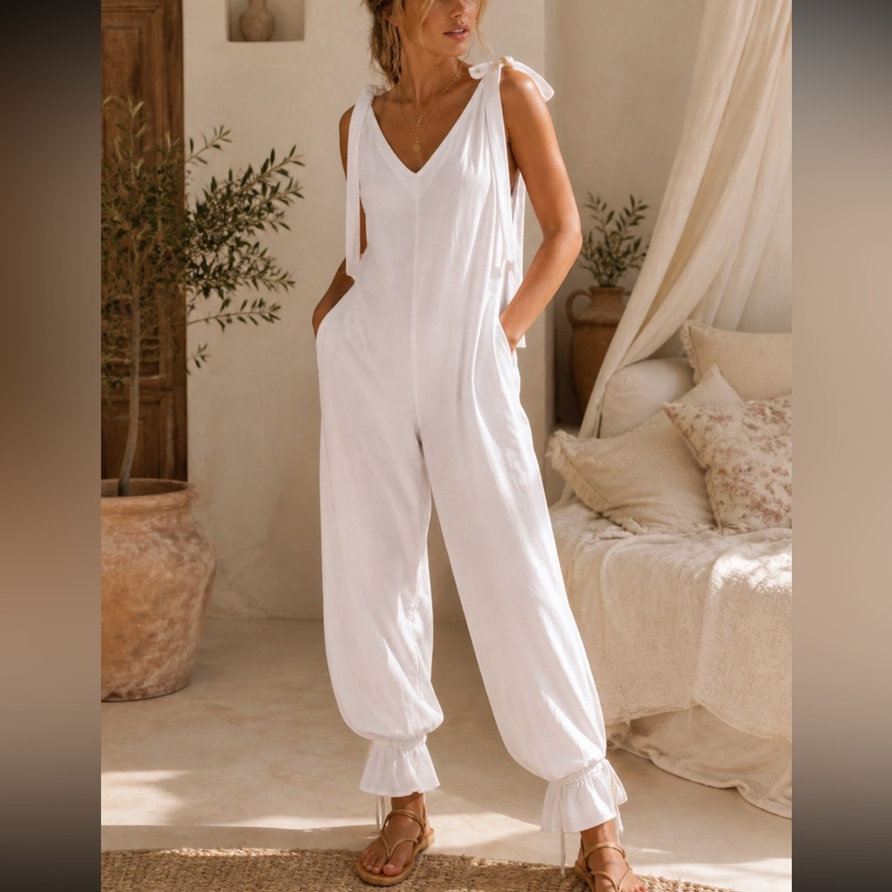 White Tie-Shoulder Romper Jumpsuit boho free people any season bow creamy ivory